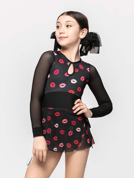 model showcasing black mesh skirt with kiss lips pattern 