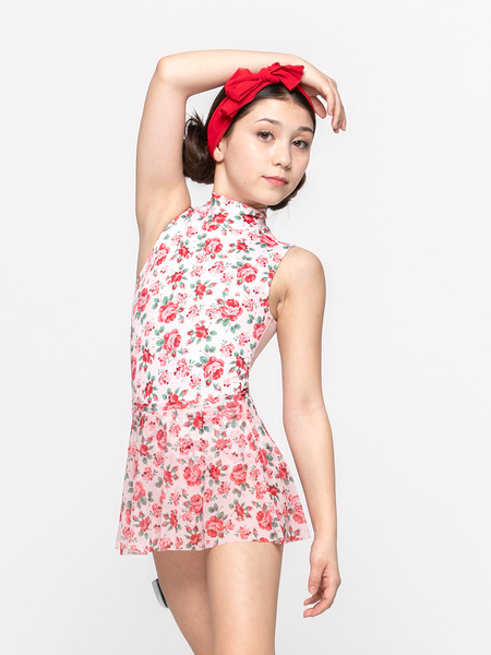 model showcasing skirt in pink base floral pattern mesh